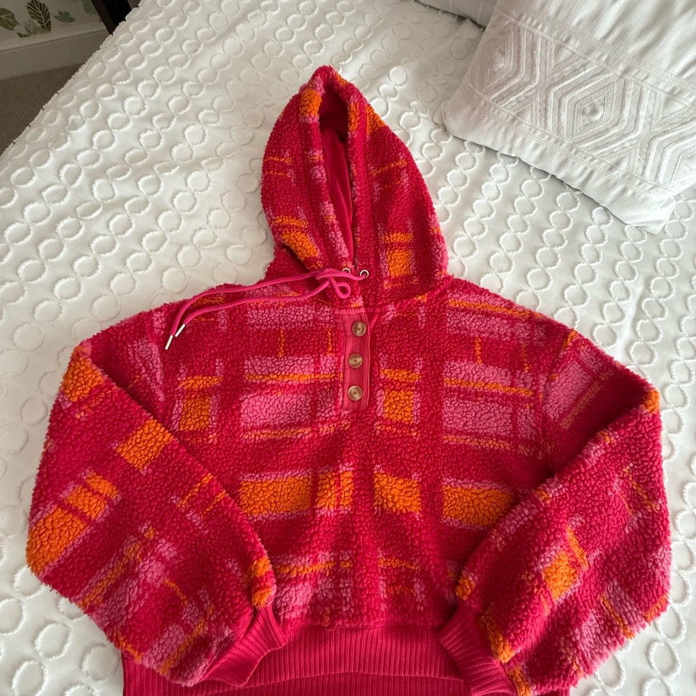 Anthropologie Porridge Clothing Pink Plaid Hooded Sherpa size Small